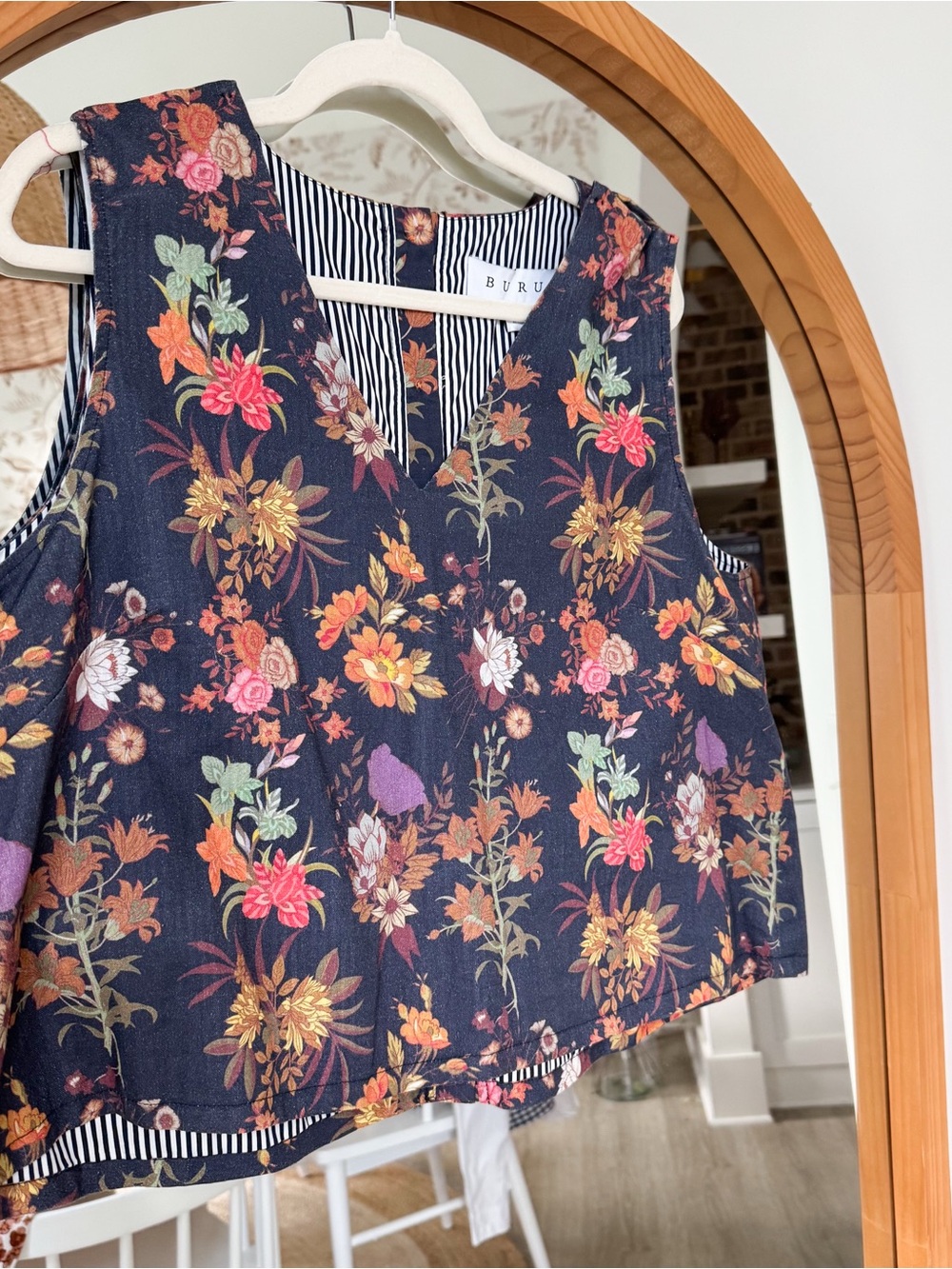 Floral V-Neck Sleeveless Top - Navy with Multicolor Floral Print